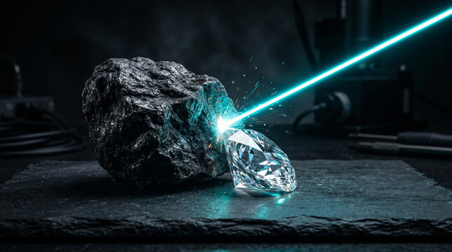 AI Data Refinement Concept with Laser Transforming Raw Graphite into Diamond for Machine Learning Model Training
