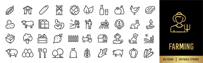 Farming Line Icon Set. Agriculture, Organic, Sustainability, Livestock, and Harvesting. 40 Editable Stroke Vectors for AgriTech UI. © Caravan Pixel