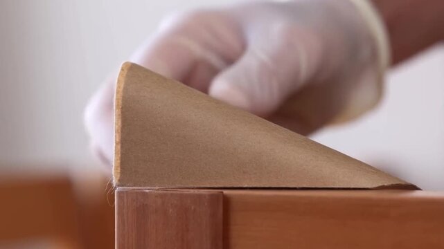 Gloved Hand Fitting an Edge Protector to Wooden Furniture