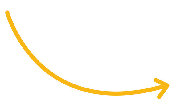 Yellow curved arrow showing decline on transparent background isolated.