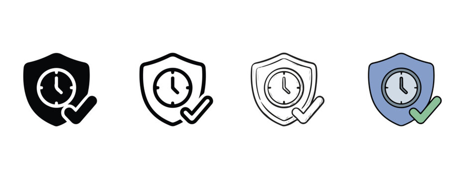shield icons with clock and hand  security and time protection concept