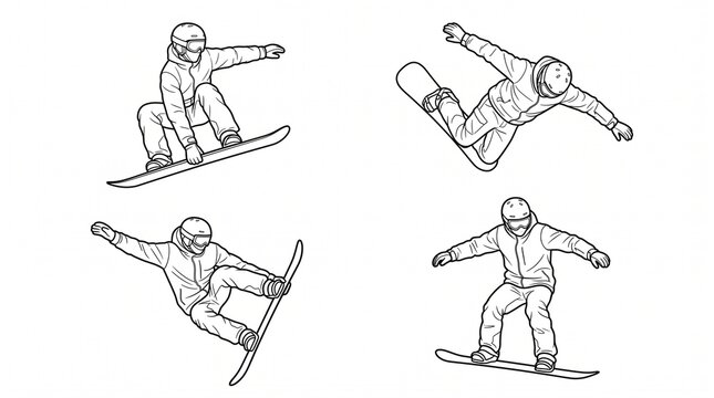 Snowboarding Action Poses &mdash; Dynamic Winter Sports Line Art Collection