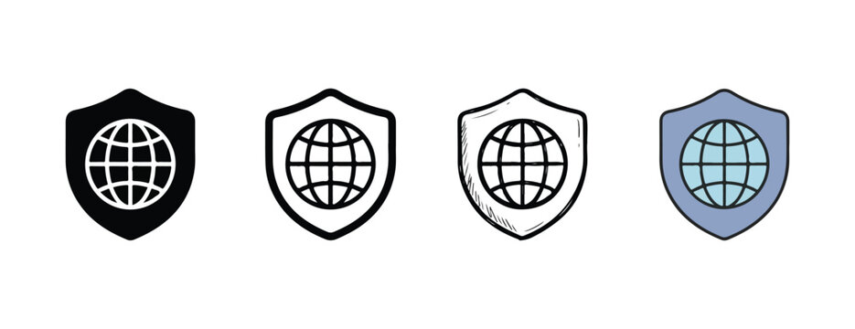 globe shield icons in different styles for security and protection concepts  various designs