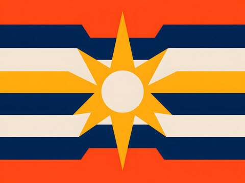 Geometric Abstract Flag Pattern with Radiant Central Star Symbol and Bold Horizontal Stripes in Warm Orange and Deep Blue Tones