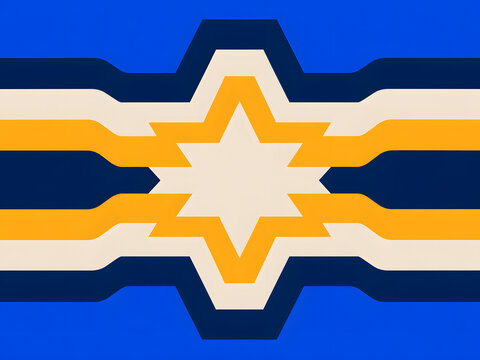 Geometric Star Symbol with Symmetrical Horizontal Stripes in Bold Blue Yellow and Cream Tones for Modern Graphic Design Projects