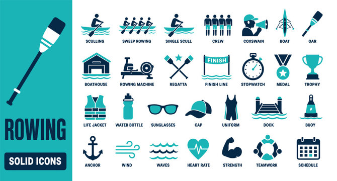 Rowing sport solid icons collection featuring boat crew sculling regatta boathouse rowing machine stopwatch medal trophy life jacket and other water sports equipment symbols
