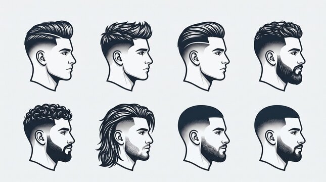 haircut, hairstyle, barber, fade, undercut, pompadour, buzz_cut, crew_cut, mohawk, beard, grooming, men, barbershop, vector, illustration, icon, black, white, minimal, modern, graphic, design, concept