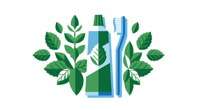 Professional vector illustration of toothpaste tube and toothbrush with leafy greens