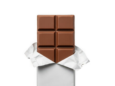 Milk chocolate bar in open silver paper wrapper isolated on transparent background