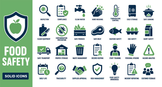 Food safety solid icons set featuring inspection compliance clean water hand washing temperature control cold storage safe cooking and contamination prevention symbols