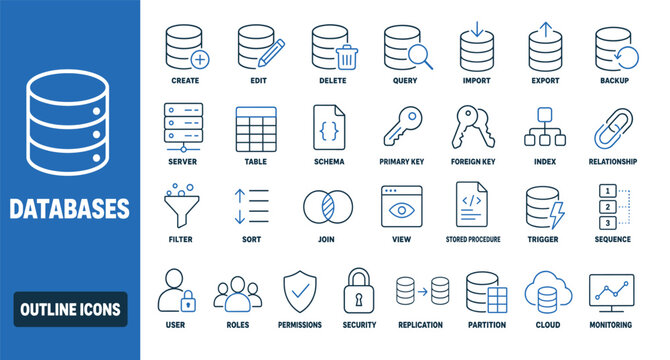 Database outline icons set featuring server management tools including query schema security backup and cloud storage symbols