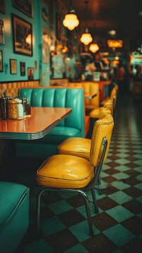 Vintage Diner Interior Retro Booths with Chairs, and and Tables in a Classic Restaurant.
