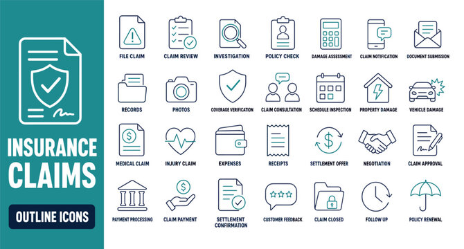 Insurance claims outline icons set featuring symbols for policy review, damage assessment, medical claim, settlement offer, and payment processing