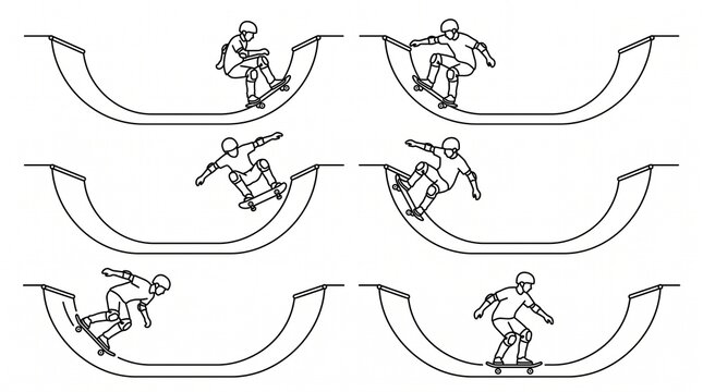 Skateboarding Half‑Pipe Sequence &mdash; Dynamic Line Art Illustration
