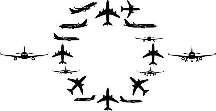 Airplane icon set in a flat black silhouette style including commercial passenger jets, regional aircraft and private planes arranged in a circle.