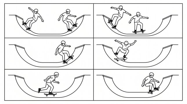 Skateboarding Half‑Pipe Sequence &mdash; Dynamic Line Art Illustration