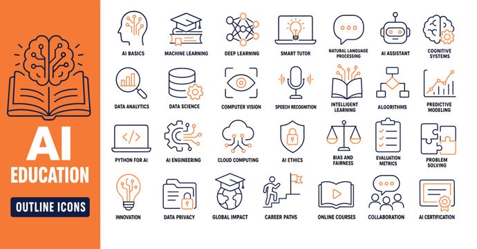 Artificial intelligence education outline icons set featuring machine learning, deep learning, data science, computer vision, and neural networks concepts