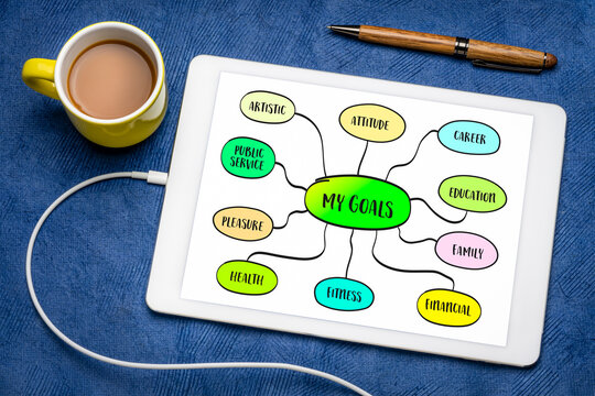 setting personal goals in different areas of life - artistic, attitude, career, education, family, financial, physical, pleasure, public service, mind map sketch