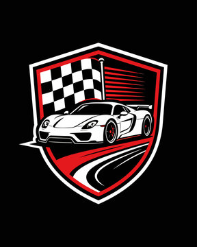 Retro vector illustration of a vintage classic muscle car with a waving checkered flag and a wing emblem, retro automotive culture design on a clean background.