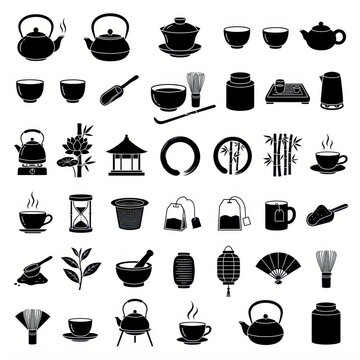 Asian tea ceremony icons collection on white background