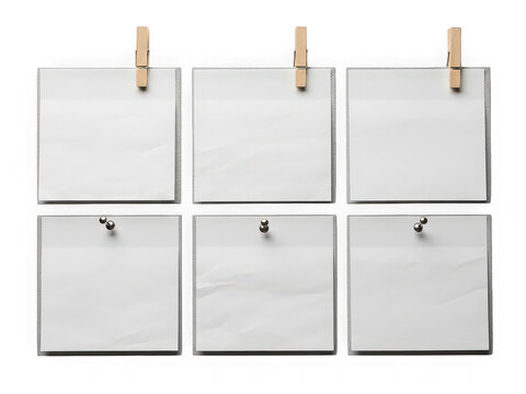 Six blank paper notes with wooden clips and pins isolated on transparent background