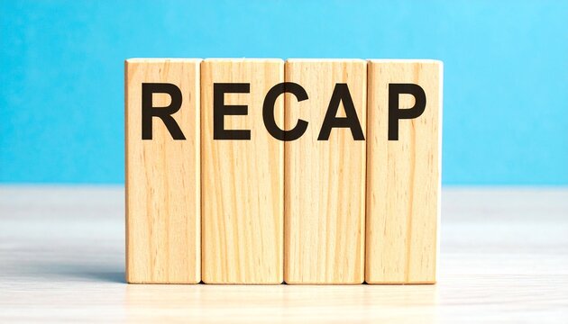 Wooden blocks spelling RECAP against bright blue background surface