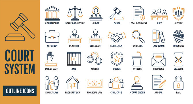 Court system outline icons set representing legal concepts including courthouse scales of justice judge gavel attorney plaintiff defendant settlement evidence and law books