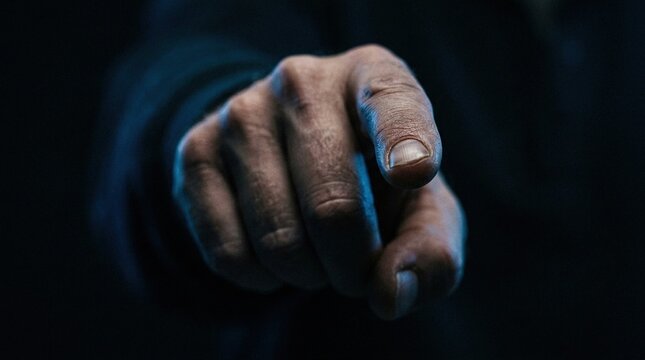 A close up shot of a human hand pointing directly towards viewer with finger extended against a dark and blurred background conveying direction accusation selection or instruction.
