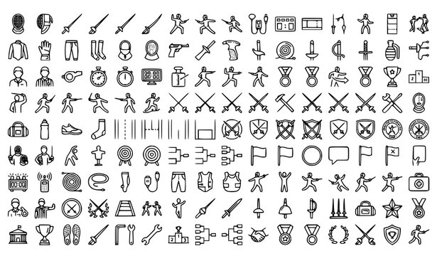 Modern Fencing Sport Outline Icon Collection with Olympic Equipment Vector Illustration