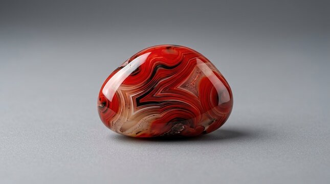Polished red and white banded agate gemstone with intricate patterns displayed on a plain gray background isolated natural stone for jewelry.