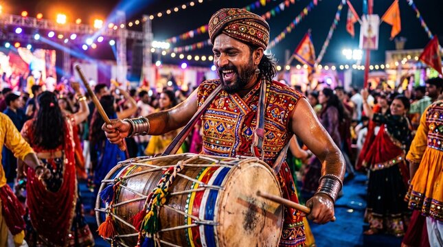 Cheerful Indian man playing dhol drum at traditional Navratri festival Garba dance event at night