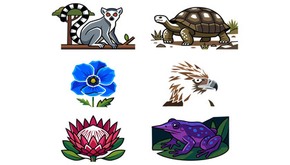 Animals and Plants in Colorful Illustrations Including Lemur, Tortoise, Eagle, Flower, and Frog Featuring Wildlife, Nature © MdMamnur