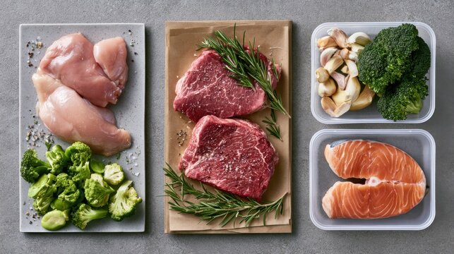 Fresh Raw Meat, Salmon, and Chicken Ingredients Display