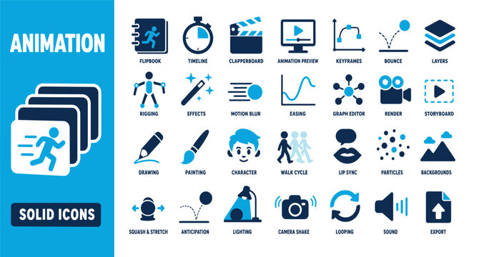 Animation solid icons set representing motion design and video production elements including keyframes timeline rigging storyboard and rendering symbols
