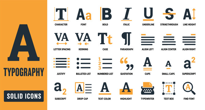 Typography and text editing solid icons set featuring symbols for font formatting, alignment, paragraph styling, and typesetting tools in a modern flat design