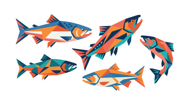 A collection of salmon fish set against a white background. Perfect for an emblem or label design. Vector illustration.
