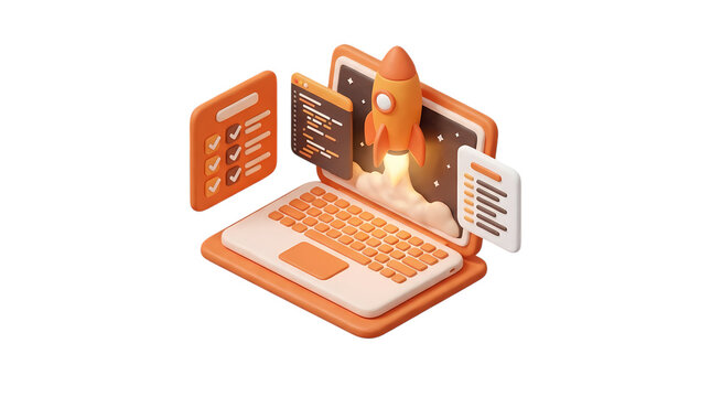 3D laptop icon with space rocket launching from screen business innovation computer