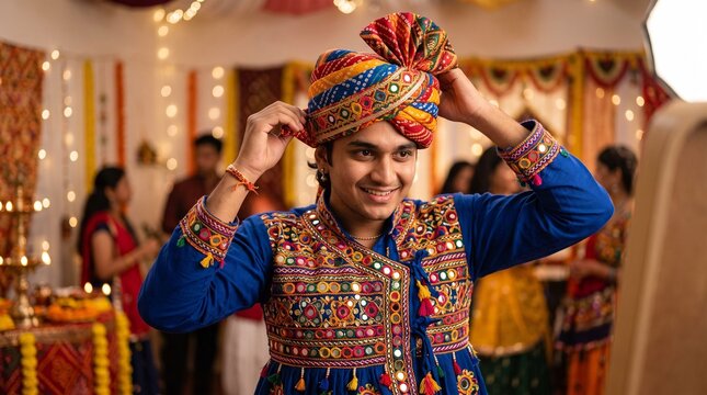 Young smiling Indian man adjusting a colorful traditional bandhani turban getting ready for Navratri festival Garba dance