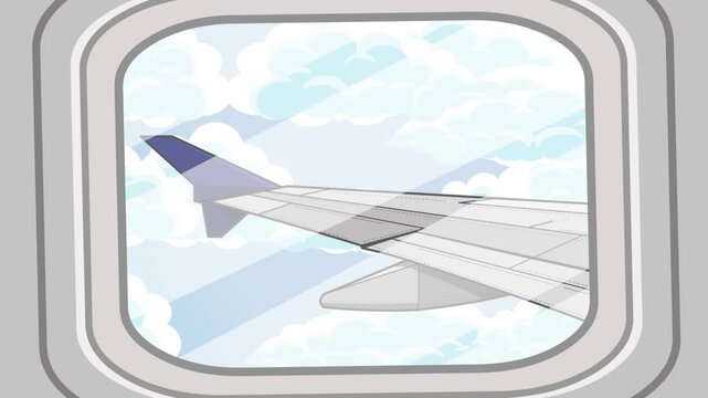 Cartoon style animation of a plane flying wing view from the window with clouds, sky, art, drawing, 2D.