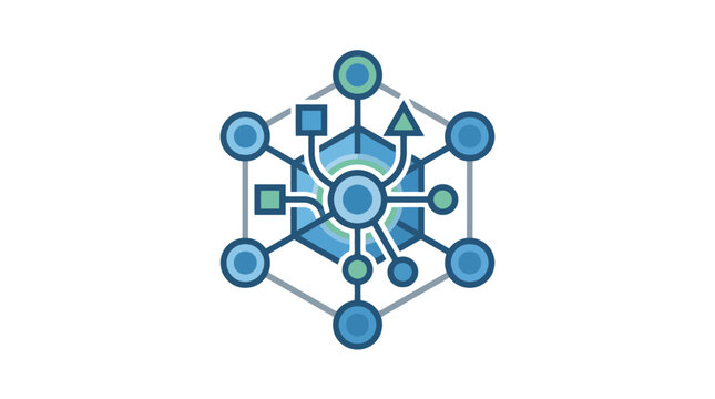 Modern Abstract Network Diagram with Central Node and Colorful Geometric Shapes in Blue and Green Tones