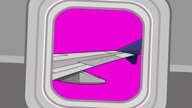 Cartoon style animation of a plane, wing view from the window on a red background, art, drawing, 2D.