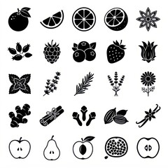 Fototapeta premium Fruit herb and spice silhouette icons set