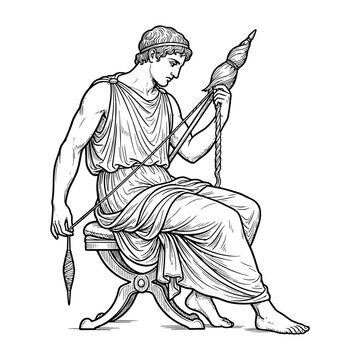 Ancient figure spinning yarn mythological woodcut art.