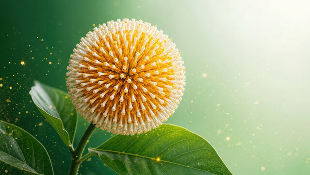 A single kadam flower with spherical yellow blossom and green leaves on a soft generated using ai