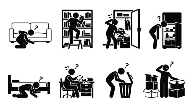 Stick figures searching for lost items in various household settings using simple black graphic symbols