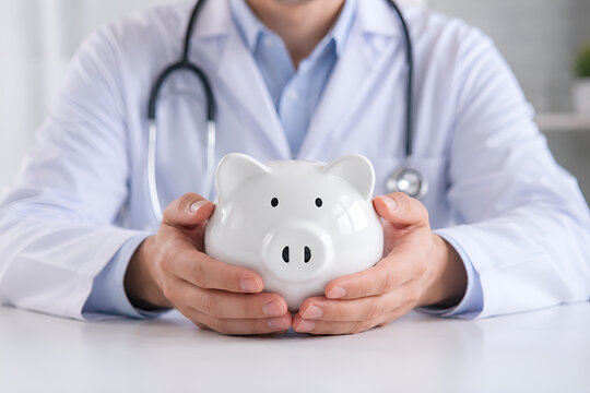 Doctor hands holding white piggy bank concept for healthcare medical cost saving health insurance hospital financial budget investment strategy and medical wealth management planning