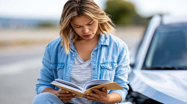 Faceless young stressed woman standing at broken car reading owner manual for troubleshooting help, self-help car concept, automotive photography, blurred road background, with