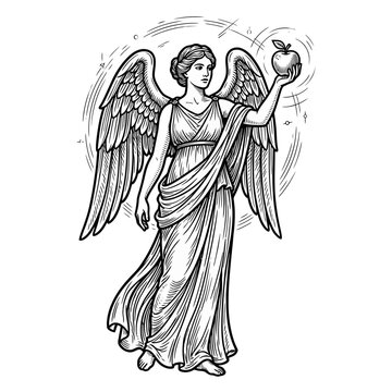 Winged goddess holding golden apple illustration.