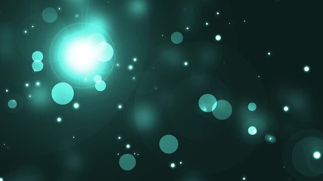 Bokeh light background animation, bright lens flare and scattered glowing orbs, soft foggy light and small star-like points