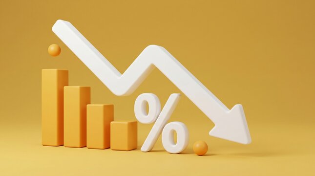 Decreasing economic statistics represented by a yellow graph block downward white arrow and percent sign highlighting business failure market crash mortgage rate drops and poor financial metrics